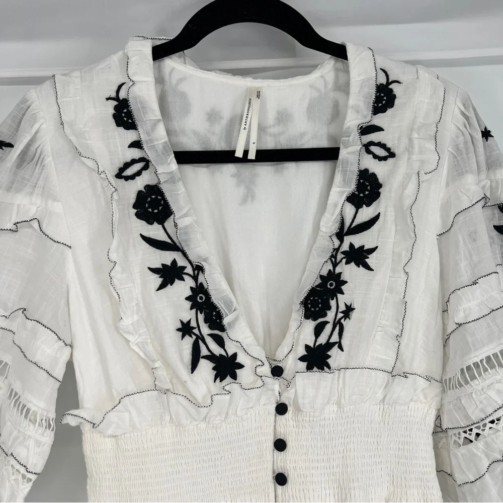 Anthropologie White Black Floral Lace Ruffled Button Down Bohemian Mini Dress S - Picture 3 of 7